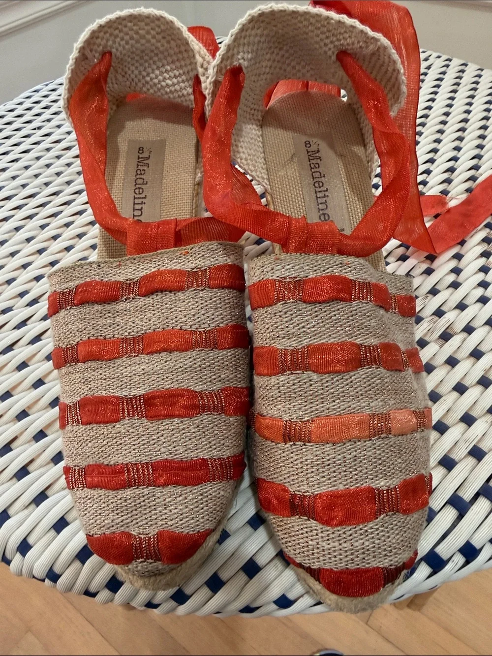 Madeline Beige Espadrille Flats with Red Ribbon Straps